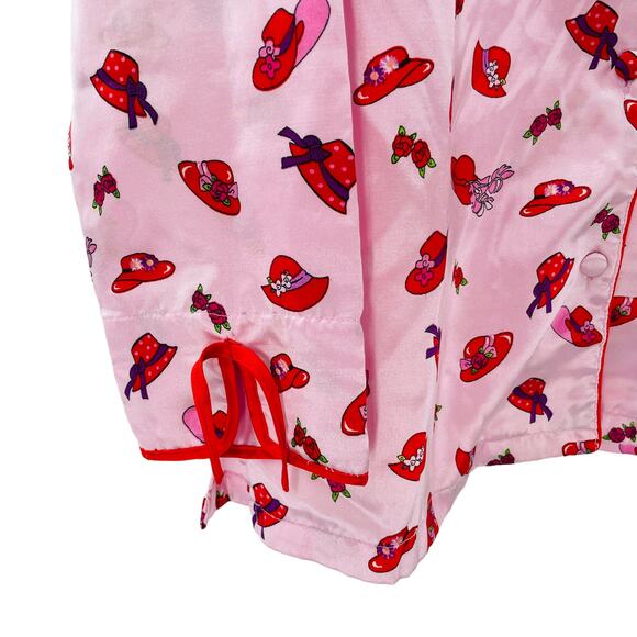 Robert Louis Pink Long Sleeve Satiny Button Closure Flowers Red Hats Top M - Picture 4 of 9